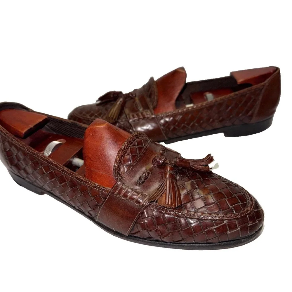 Cole Haan Bragano Loafers Mens 11 N Brown Woven Leather Tassel Made in Italy